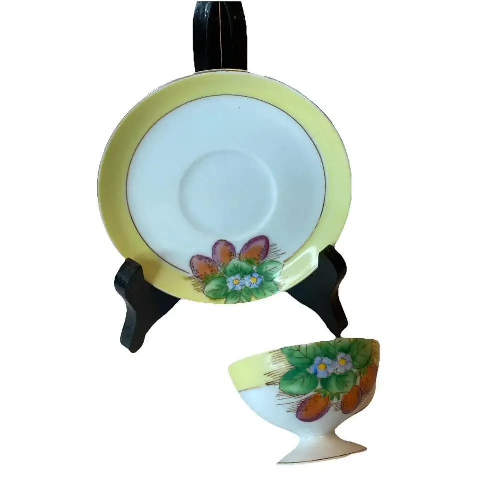 Fern Japan Hand Painted Tea Cup & Saucer Set Of 2 Strawberries Floral 4 PCs